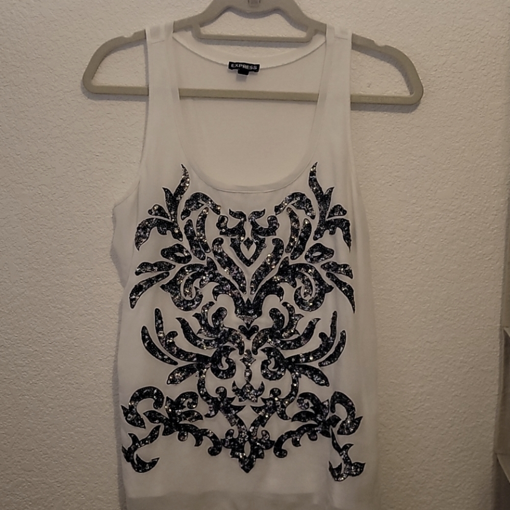 Express White Tank Black Sequin Embellishment - S